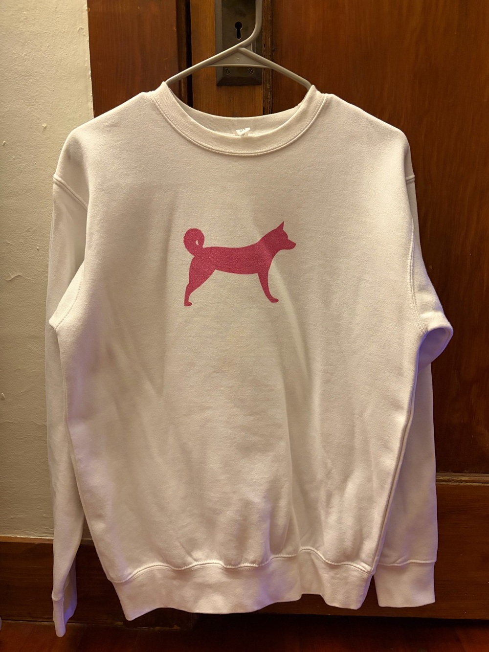White Sweatshirt with Pink Dog Silhouette